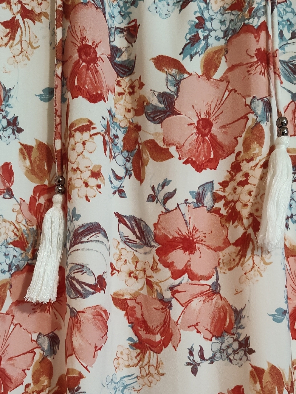 Haute Hippie Tribe Dress Floral Rust Blue Cream Tassels Boho Kimono Sleeves XL - Picture 6 of 16